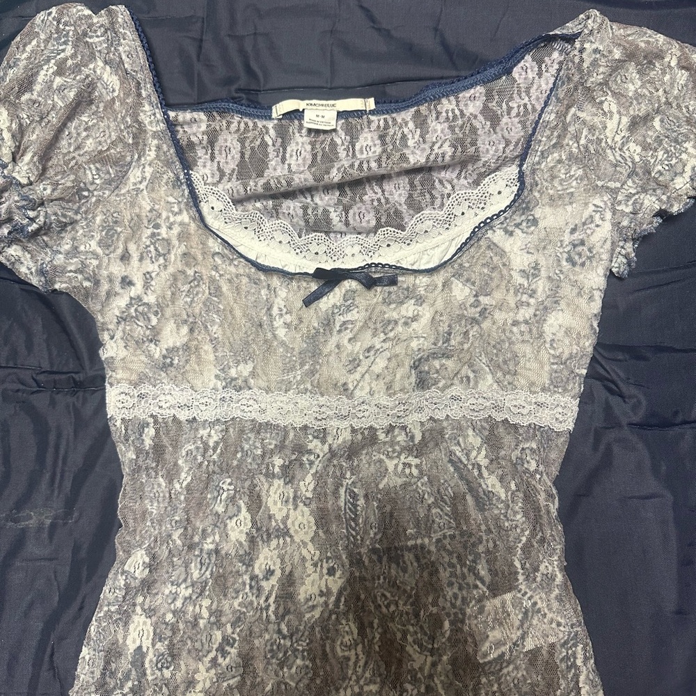 Lace Patterned Top with Blue Trim